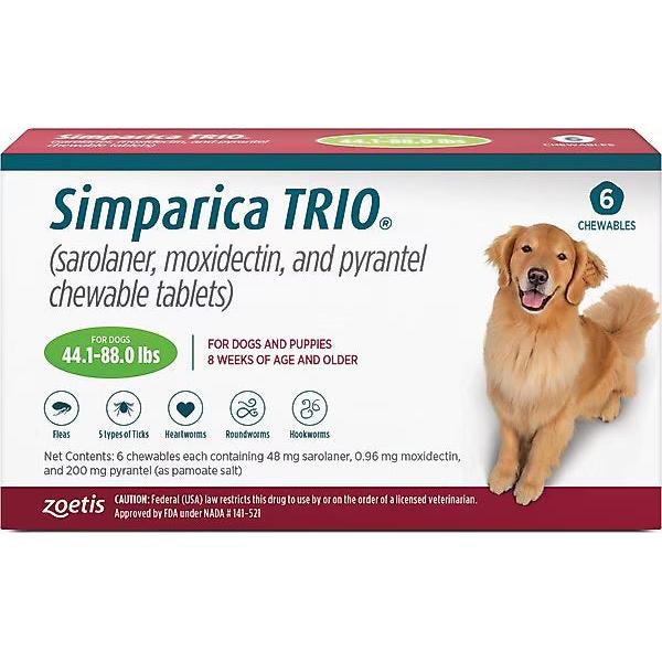 Simparica Trio Dog 44-88 LBS Green 6 Month Chew Tab (Carton of 5)