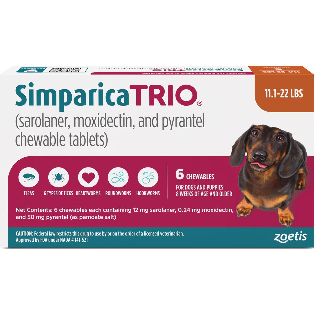 Simparica Trio Dog 11-22 LBS Caramel 6 Month Chew Tab (Carton of 5)