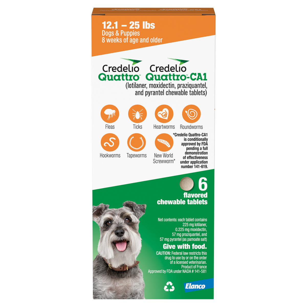 Credelio Quattro/Credelio Quattro-CA1 Chews Orange, 12.1-25 lb, 225 mg, 6 Dose x 10/Pkg