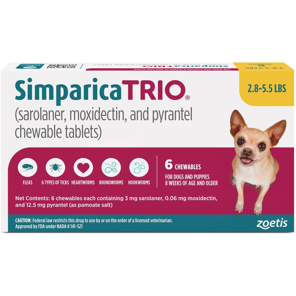 Simparica Trio Dog 2.8-5.5 LBS Gold 6 Month Chew Tab (SINGLE)