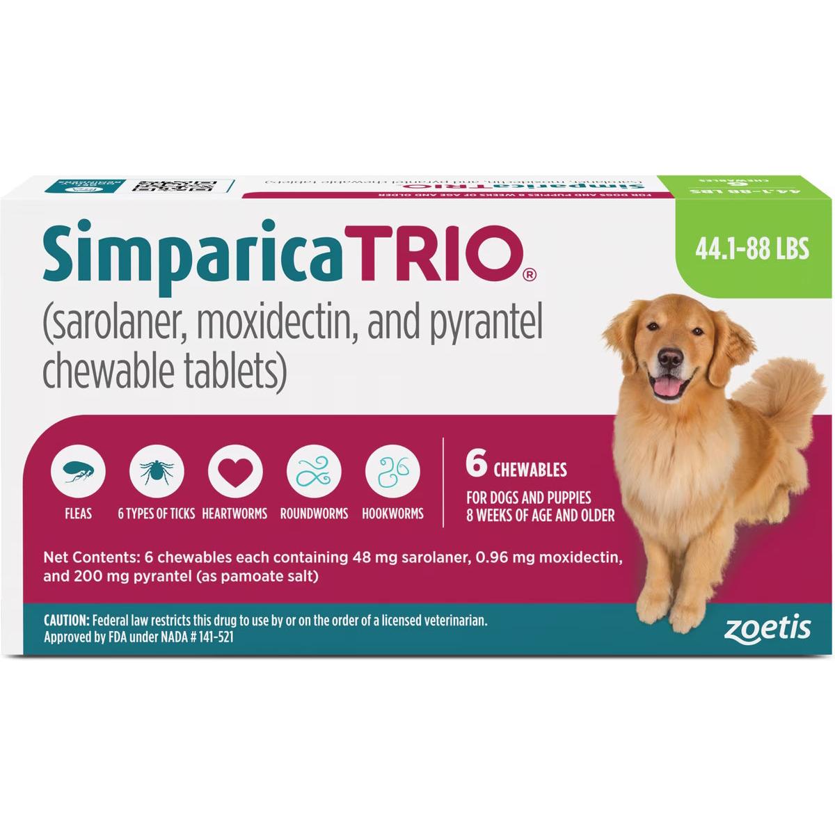 Simparica Trio Dog 44-88 LBS Green 6 Month Chew Tab (Carton of 5)