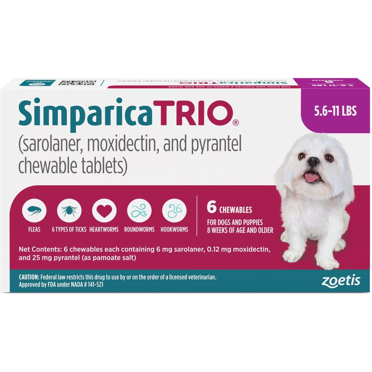Simparica Trio Dog 5-11 LBS Purple 6 Month Chew Tab (Carton of 5)