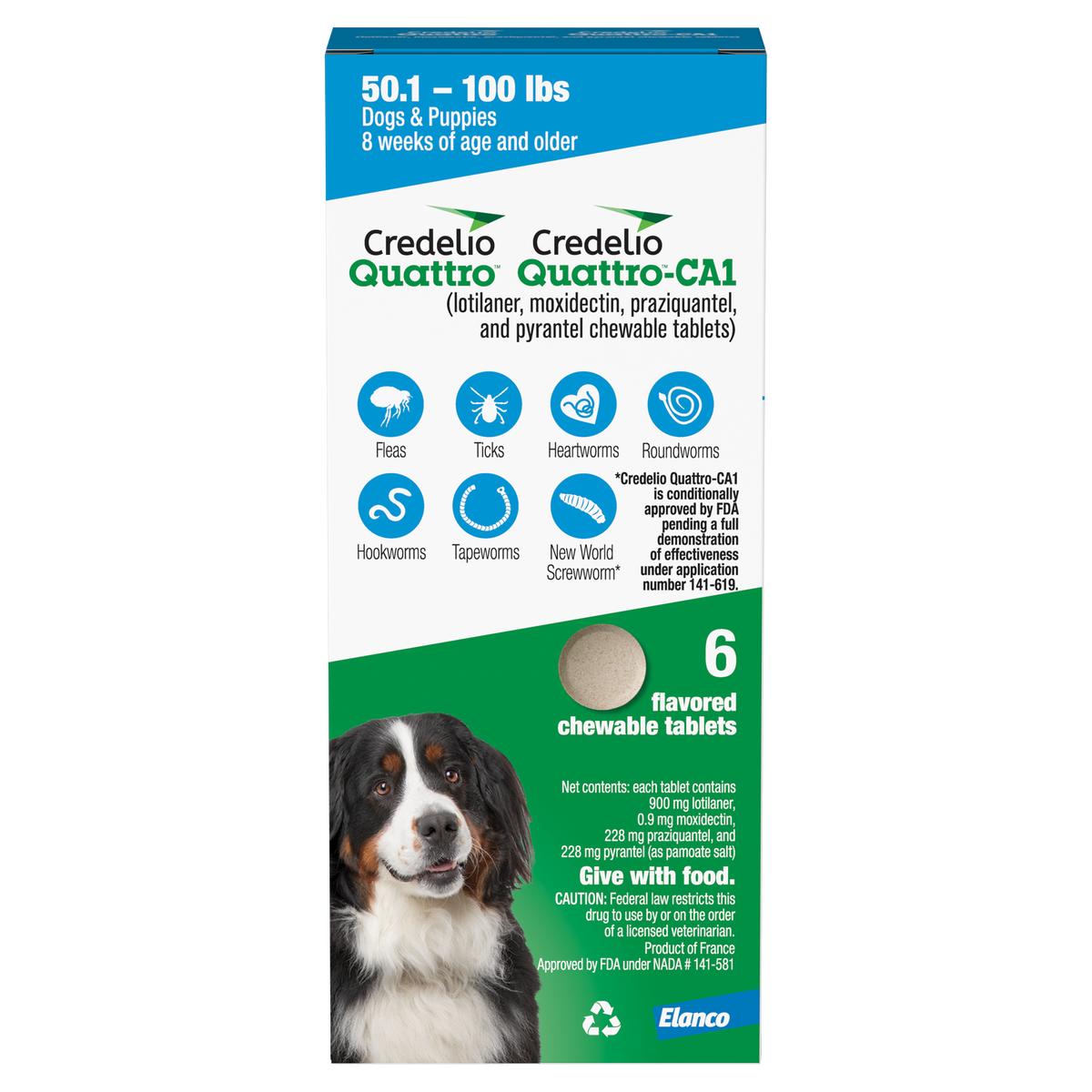 Credelio Quattro/Credelio Quattro-CA1 Chews Blue, 50.1-100 lb, 900 mg, 6 Dose x 10/Pkg