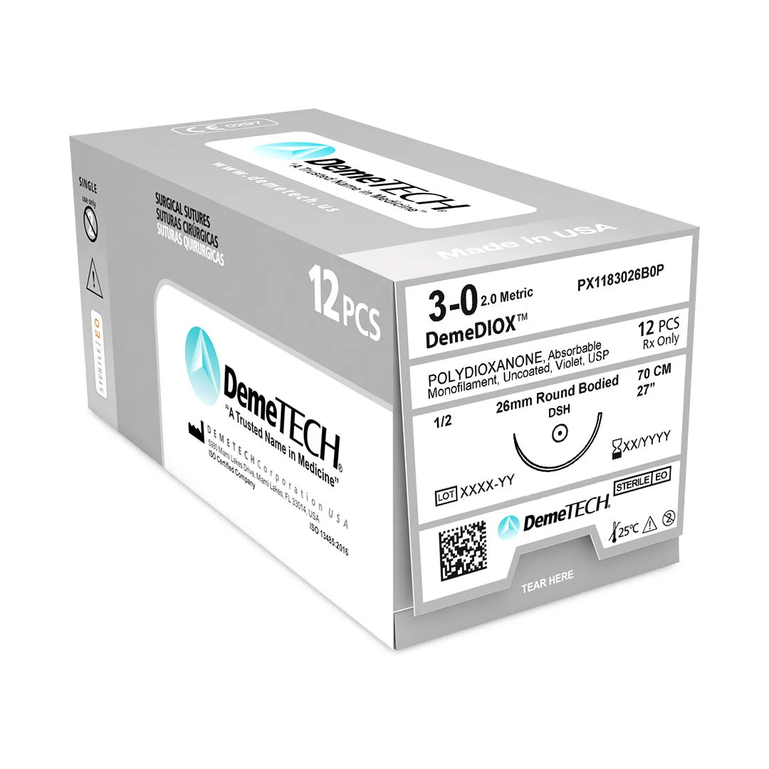 DemeDIOX, Polydioxanone Suture, Synthetic Absorbable, DSH, 26mm, 1/2 Circle, Round Bodied Needle, Violet, USP Size 3-0, 27 inches