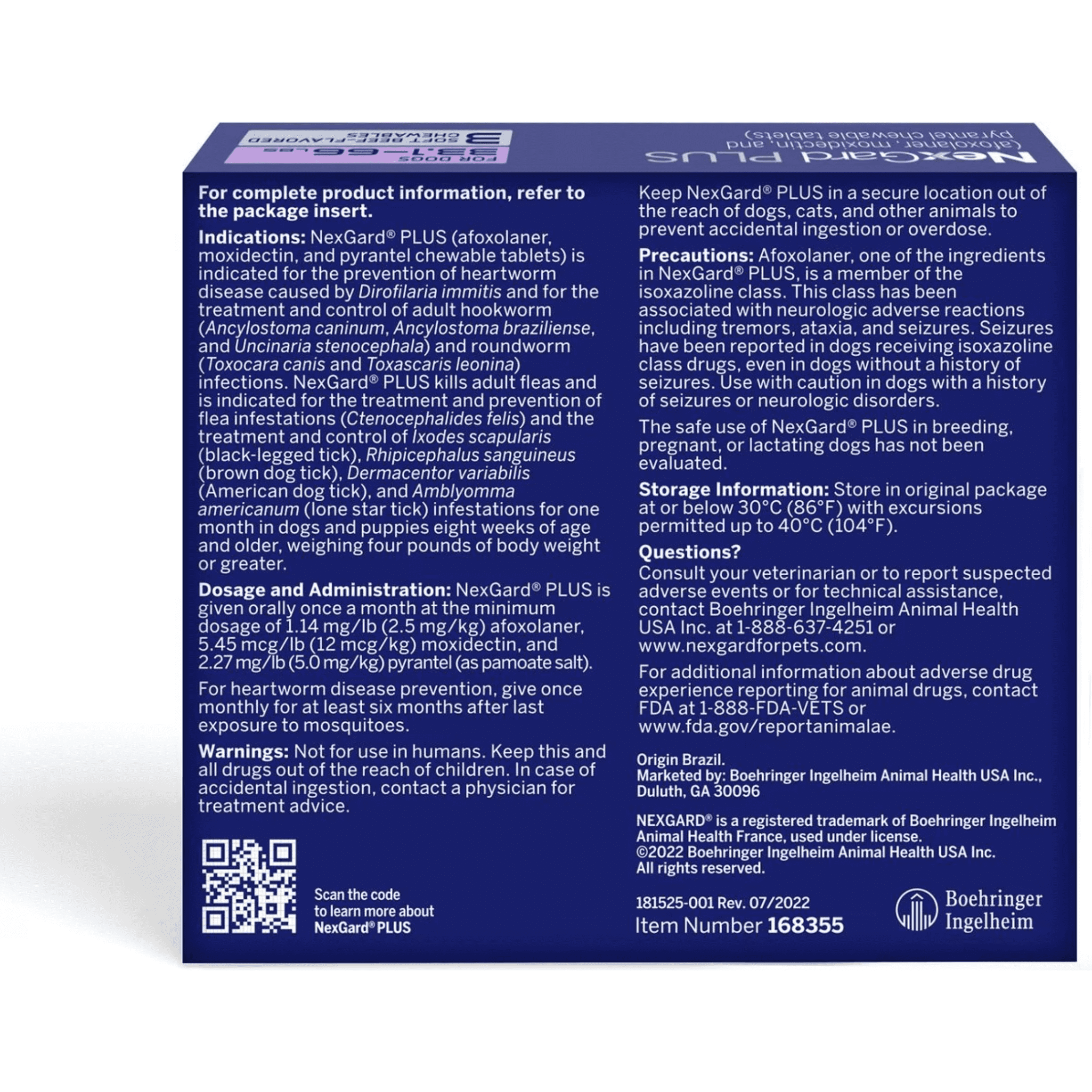 NexGard Plus Chew Tabs for Dogs, 33 to 66lb, Purple, 3 Dose (Carton of 10)