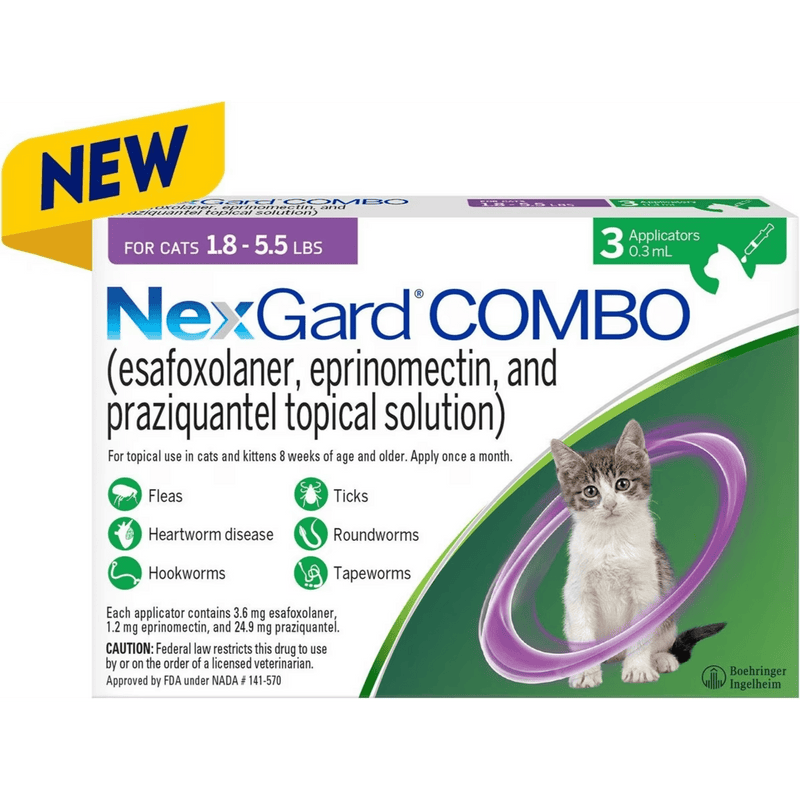 NexGard Combo for Cats Topical 1.8 to 5.5 Lbs, Purple, 3 Dose (Carton of 10)