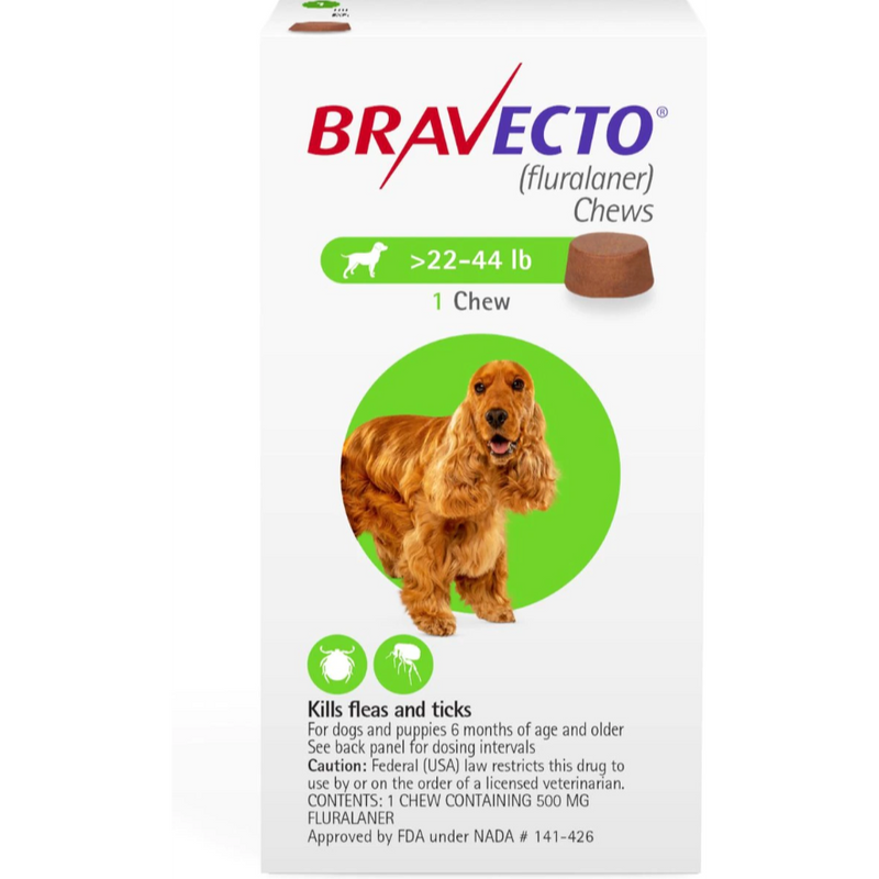 Bravecto Dog 22-44 LBS Green 3 Month CHEW TAB (Carton of 10)