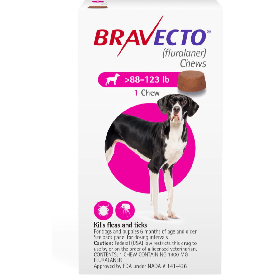 Bravecto Dog 88-123 LBS Pink 3 Month Chew Tab (Carton of 10)