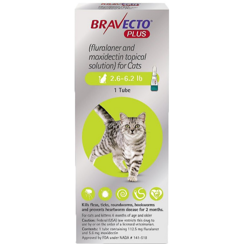 Bravecto Plus Cats 2.6- 6.2 LBS Green 1 Dose (Carton of 10)
