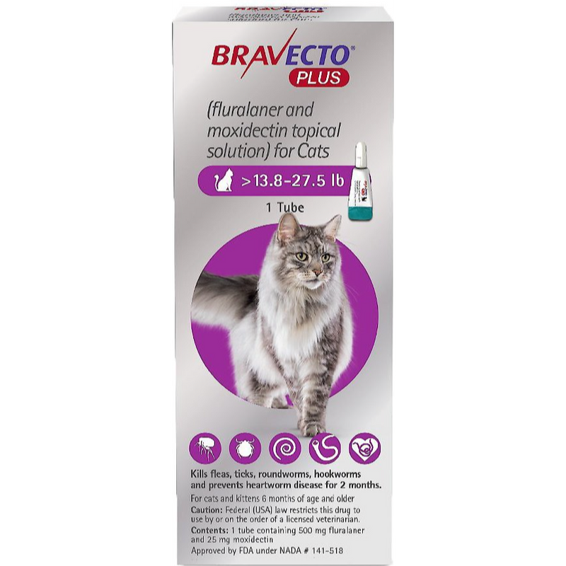 Bravecto Plus Cats 13.8 -27.5 LBS Purple 1 Dose Label (Carton of 10)