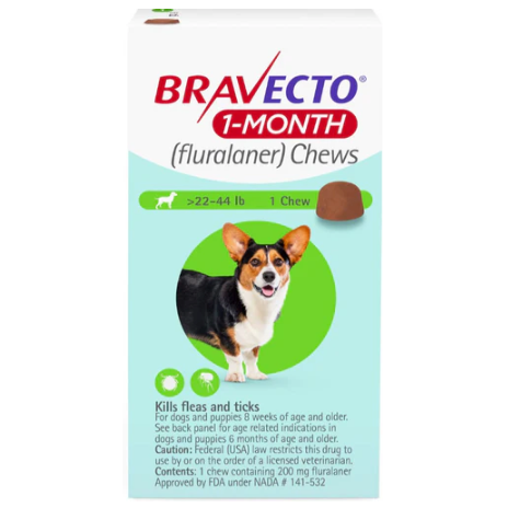 Bravecto Dog 22 to 44 LBS Green 1 Month (Carton of 10)