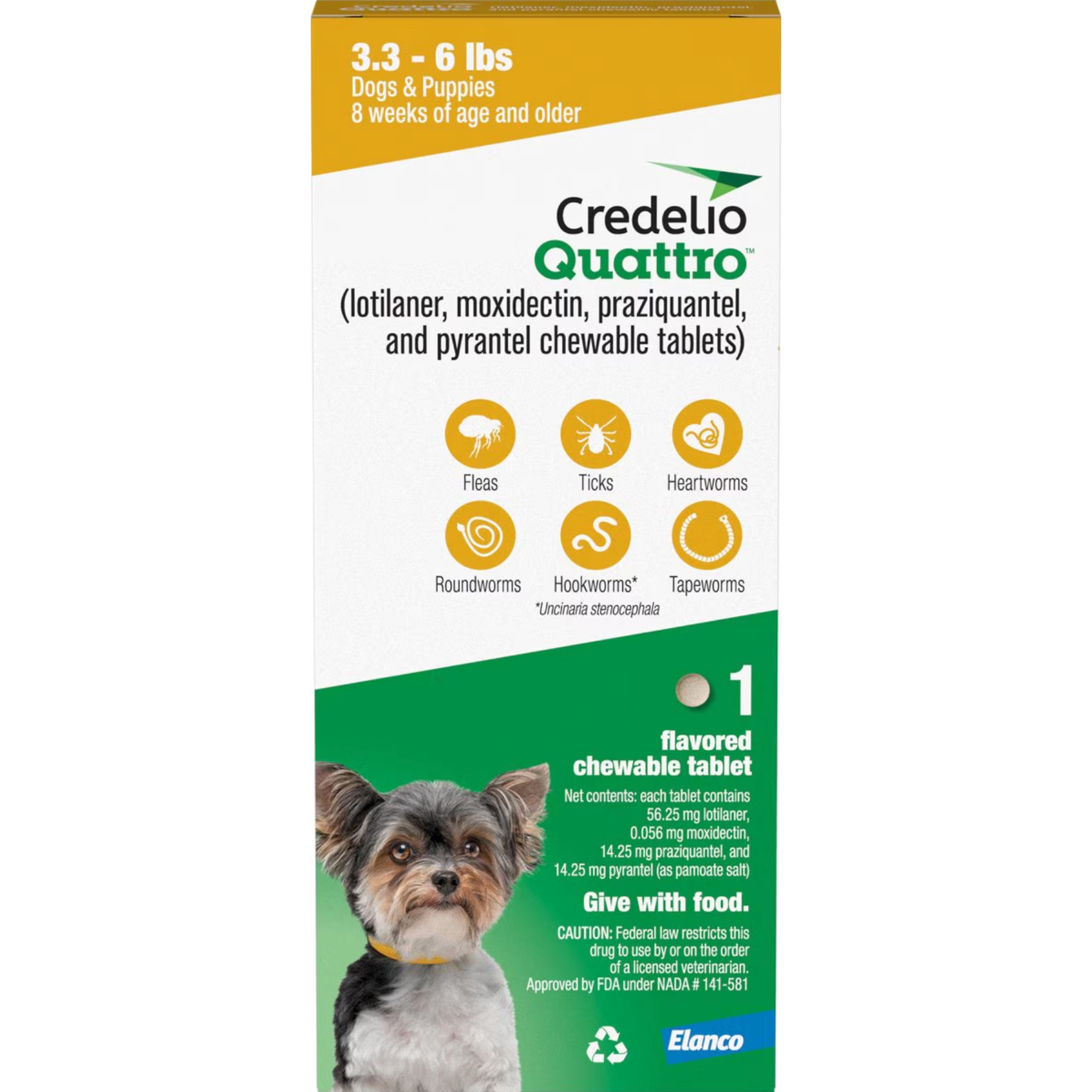 Credelio Quattro Chews Yellow, 3.3-6 lb, 56.25 mg, 1 Dose x 16/Pkg
