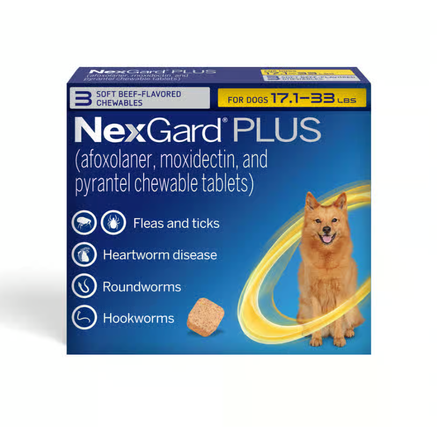 NexGard Plus Chew Tabs for Dogs, 17.1 to 33lb, Yellow, 3 Dose (Carton of 10)