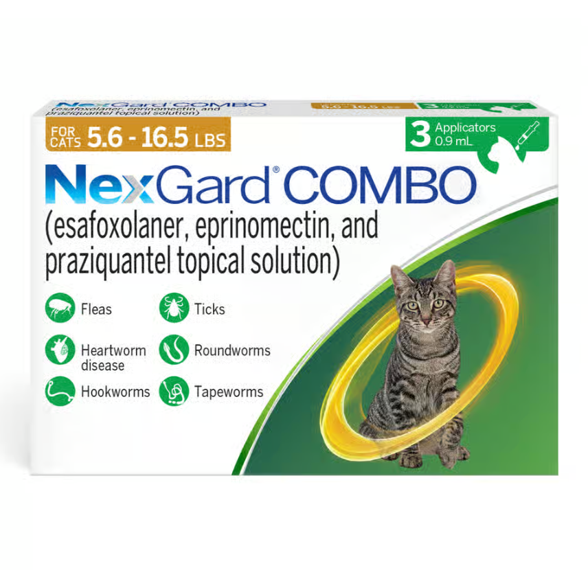 NexGard Combo for Cats Topical 5.6 to 16.5 Lbs, Yellow, 3 Dose (Carton of 10)