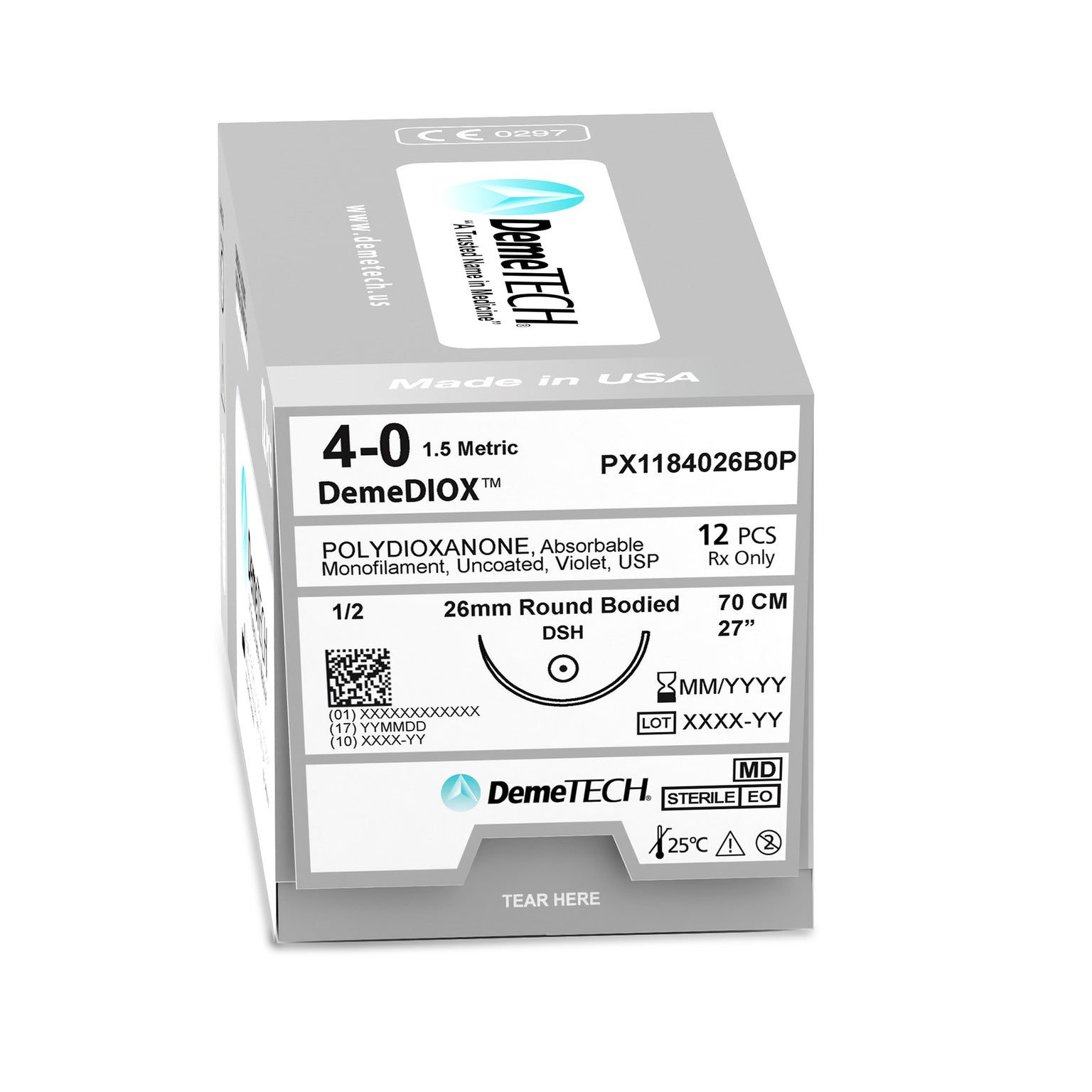 DemeDIOX, Polydioxanone Suture, Synthetic Absorbable, DSH, 26mm, 1/2 Circle, Round Bodied Needle, Violet, USP Size 4-0, 27 inches