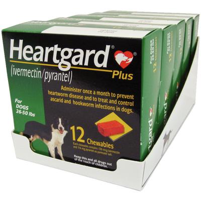 Heartgard Plus Chew Tabs for Dogs, 26-50 lbs, Green, 12 Dose (Carton of 5)