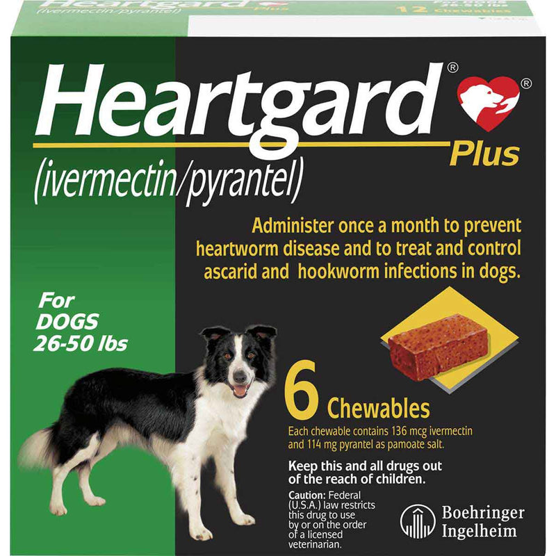 Heartgard Plus Chew Tabs Dogs, 26-50 lbs, Green, 6 Dose (Carton of 10)