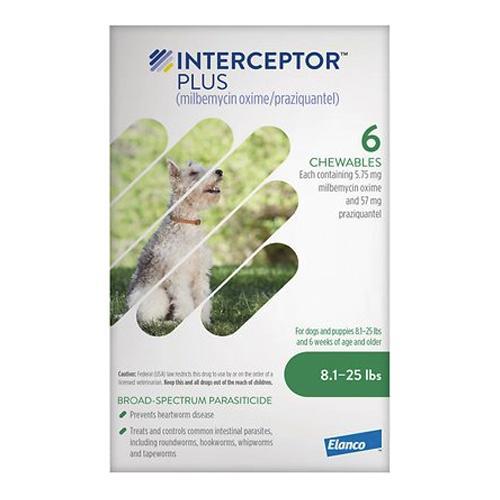 Interceptor Plus Chew Tabs for Dogs 8.1-25 lbs, Green, 6 Dose (Carton of 5)