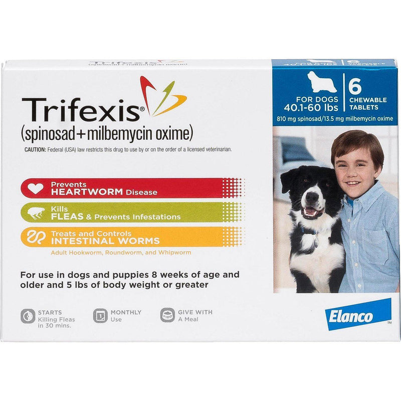 Trifexis Chew Tabs for Dogs, 40.1-60 lbs, Blue, 6 Dose (Carton of 10)