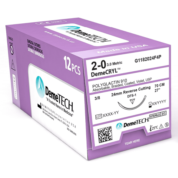 Demecryl Polyglactin 70 cm Violet USP 3/0 24 mm 3/8 Circle