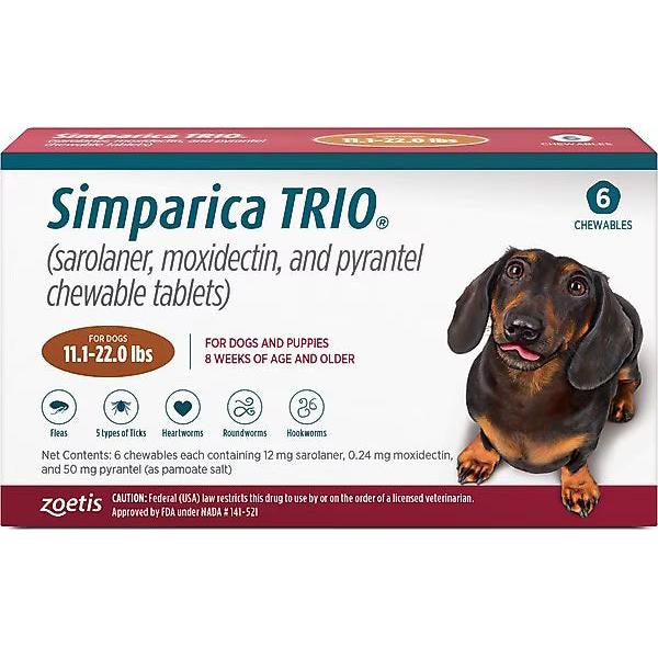 Simparica Trio Dog 11-22 LBS Caramel 6 Month Chew Tab (Carton of 5)
