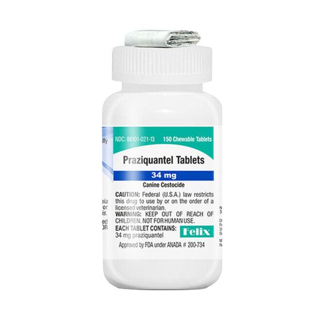 Praziquantel 34mg 150ct bottle (Felix) (Exp 4/30/27)
