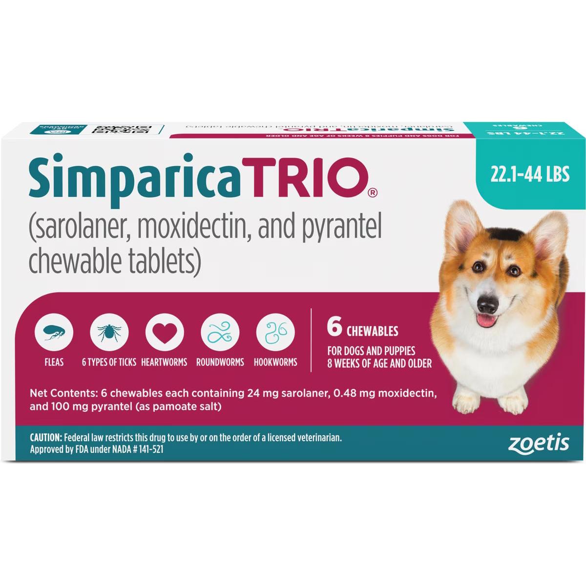 Simparica Trio Dog 22-44 LBS Blue 6 Month Chew Tab (Carton of 5)