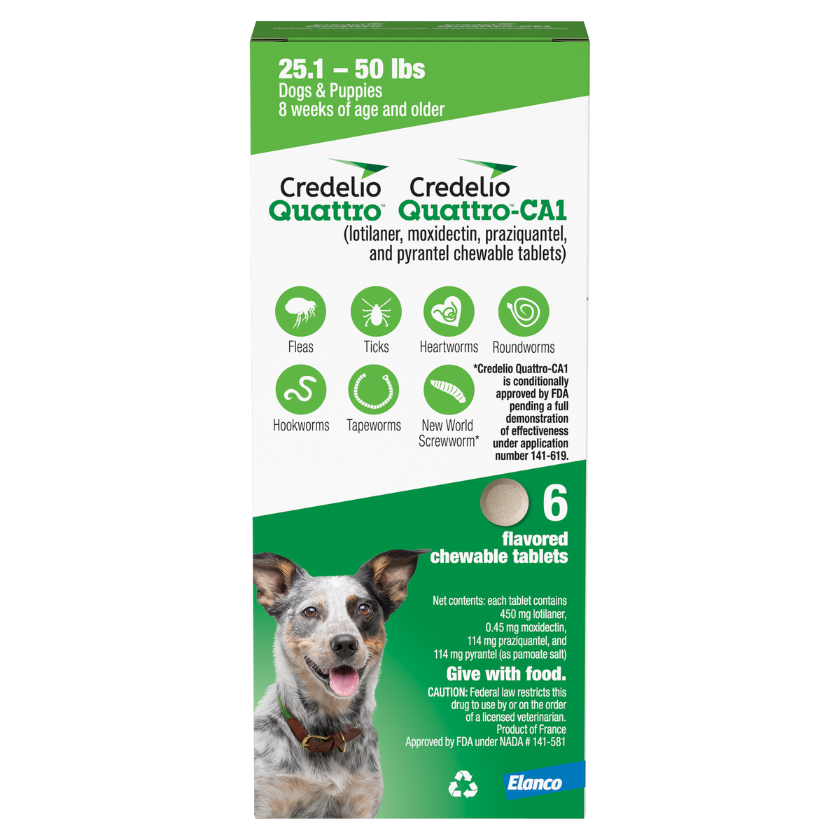 Credelio Quattro/Credelio Quattro-CA1 Chews Green, 25.1-50 lb, 450 mg, 6 Doses x 10/Pkg