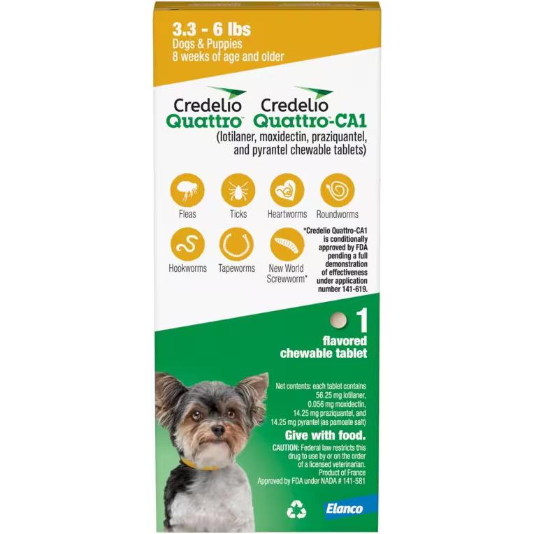 Credelio Quattro/Credelio Quattro-CA1 Chews Yellow, 3.3-6 lb, 56.25 mg, 1 Dose x 16/Pkg