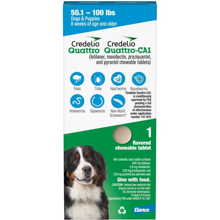 Credelio Quattro/Credelio Quattro-CA1 Chews Blue, 50.1-100 lb, 900 mg, 1 Dose x 16/Pkg