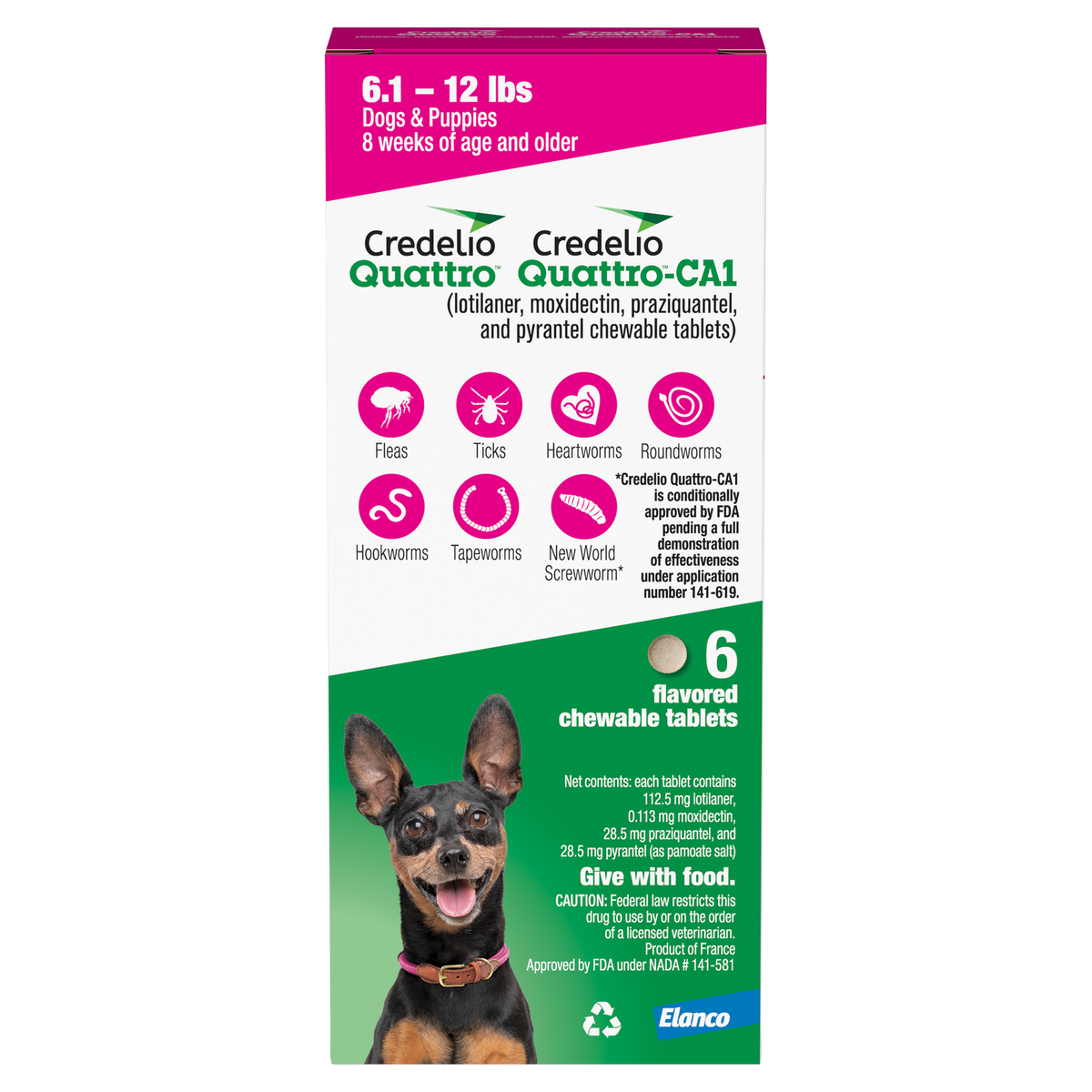 Credelio Quattro/Credelio Quattro-CA1 Chews Pink, 6.1-12 lb, 112.5 mg, 6 Dose x 10/Pkg
