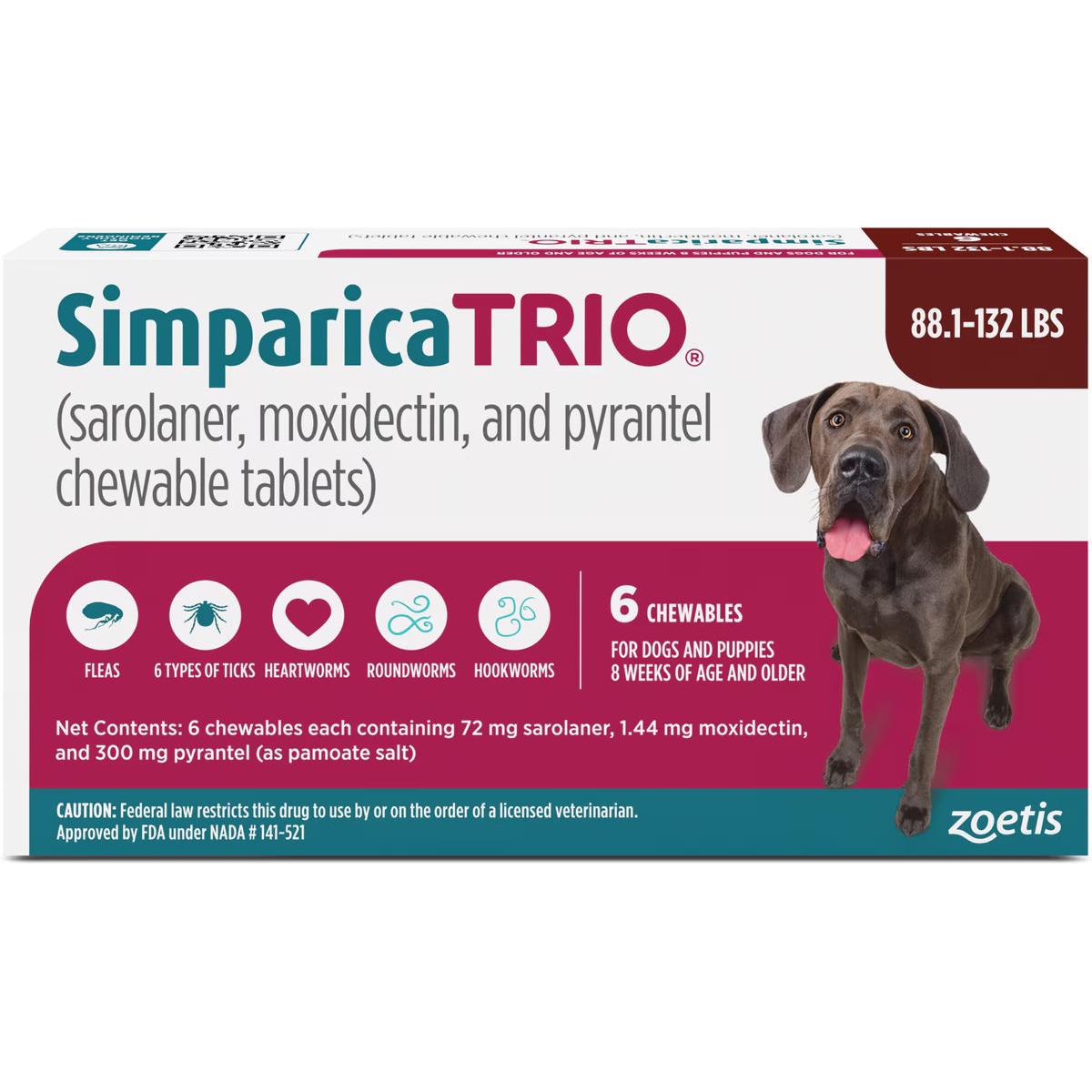 Simparica Trio Dog 88-132 LBS Brown 6 Month Chew Tab (Carton of 5)