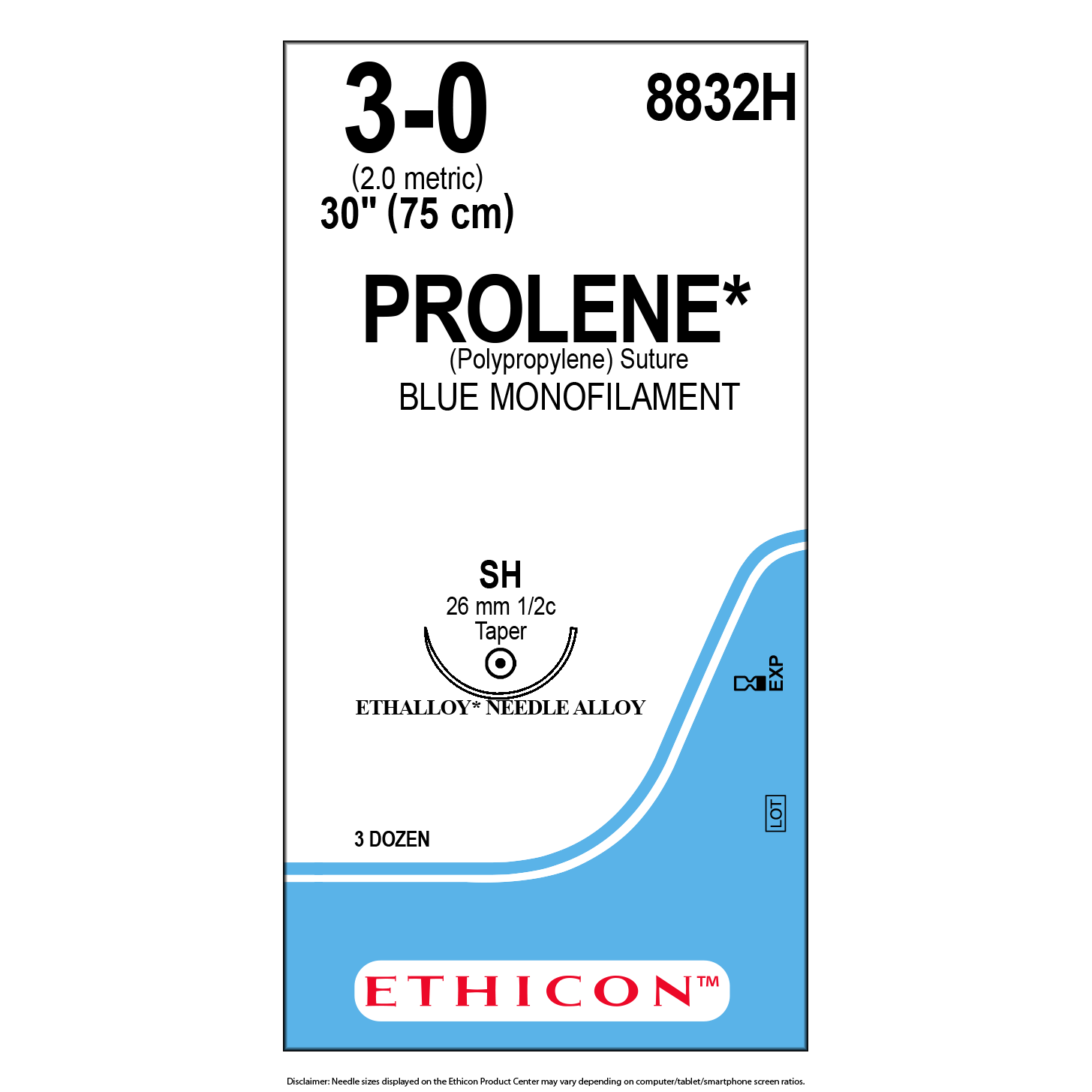Ethicon Prolen Blue Monofil 3-0 30" 26mm 1/2c Taper 36ct