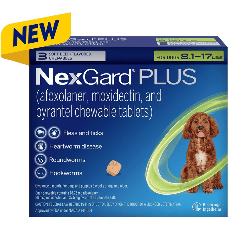 NexGard Plus Chew Tabs for Dogs, 8.1 to 17 Pounds, Green, 3 Dose (Carton of 10)