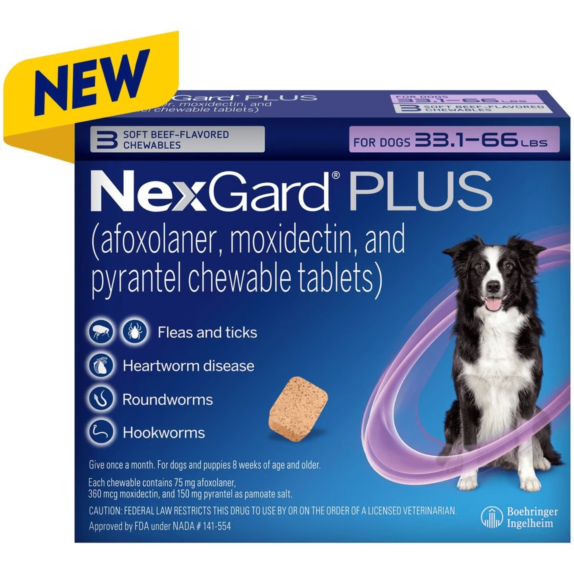 NexGard Plus Chew Tabs for Dogs, 33 to 66lb, Purple, 3 Dose (Carton of 10)