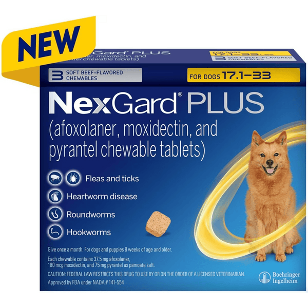 NexGard Plus Chew Tabs for Dogs 17.1 to 33 Pounds Yellow 3 Dose Carton of 10