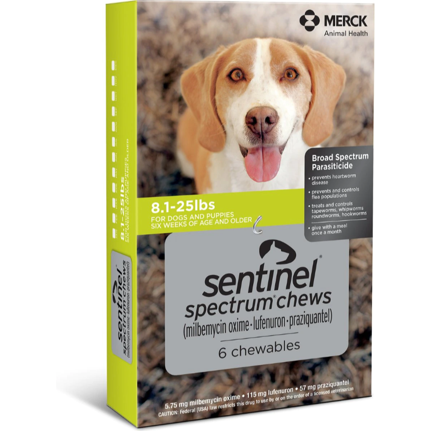 Sentinel Spectrum Chews, 8.1-25 lbs, 6 Dose (Carton of 5)