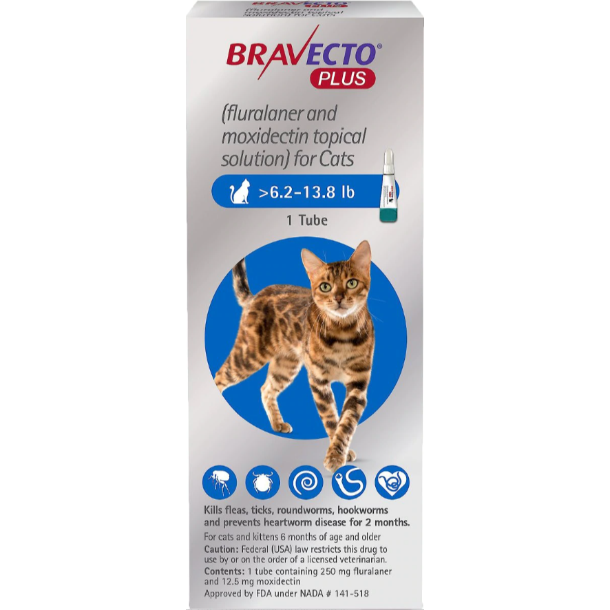 Bravecto Plus Cats 6.2-13.8 LBS Blue 2 Month (Carton of 10)