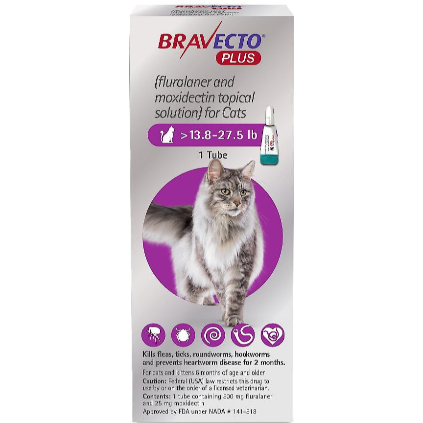 Bravecto Plus Cats 13.8 -27.5 LBS Purple 2 Month (Carton of 10)