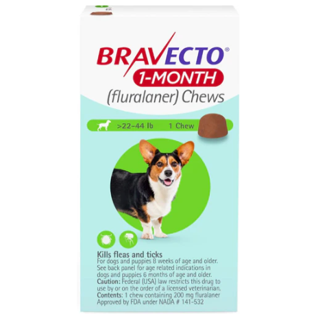 Bravecto Dog 22 to 44 LBS Green Month (Carton of 10)