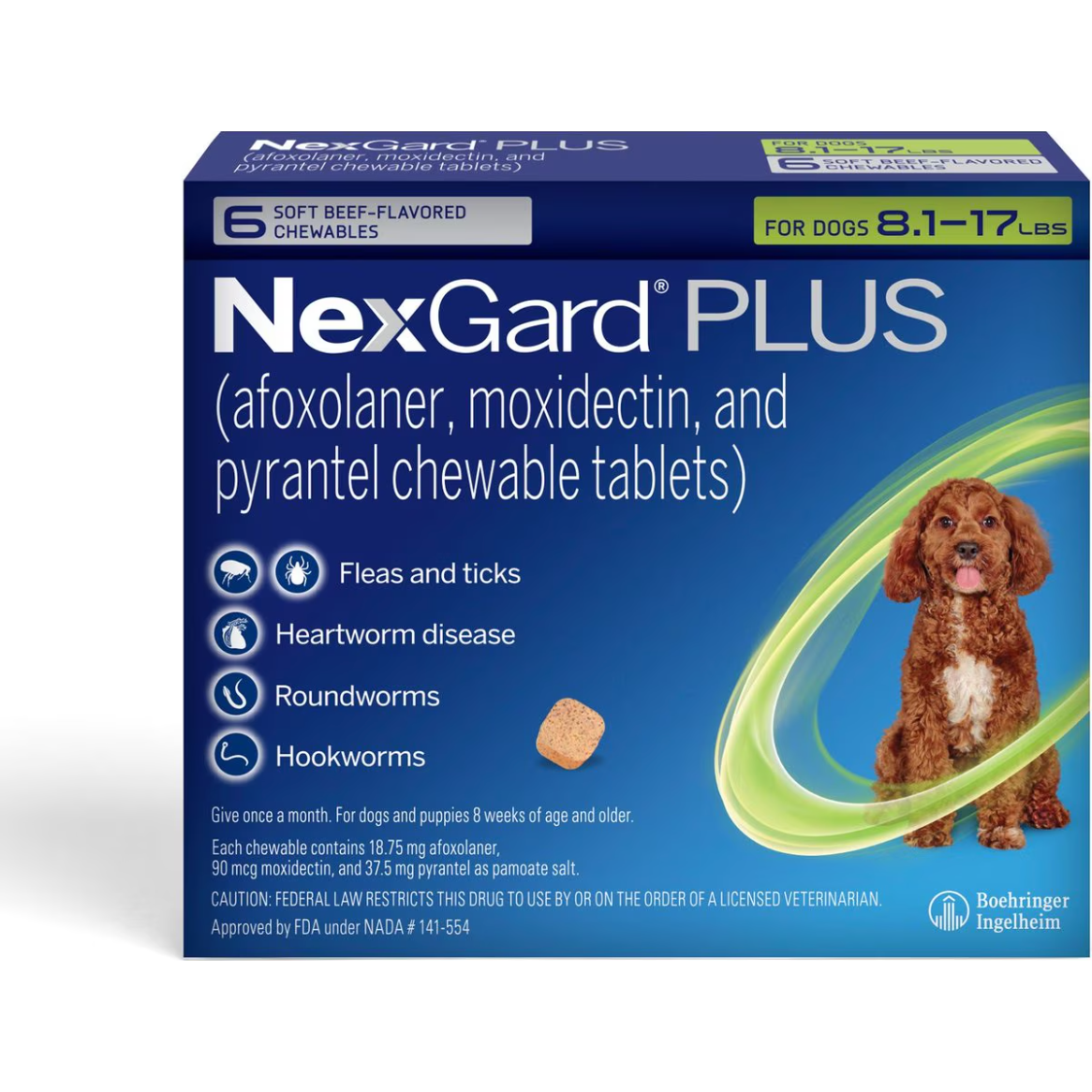 NexGard Plus Chew Tabs for Dogs, 8.1 to 17lb, Green, 6 Dose (Carton of 10)