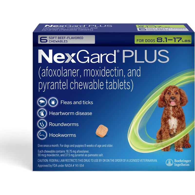 NexGard Plus Chew Tabs for Dogs, 8.1 to 17lb, Green, 6 Dose (Carton of 10)