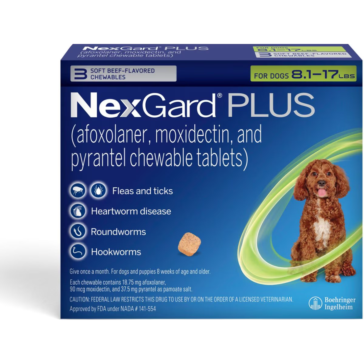 NexGard Plus Chew Tabs for Dogs, 8.1 to 17lb, Green, 3 Dose (Carton of 10)