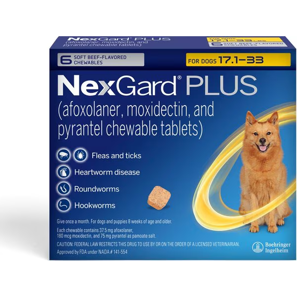 NexGard Plus Chew Tabs for Dogs, 17.1 to 33lb, Gold, 6 Dose (Carton of 10)