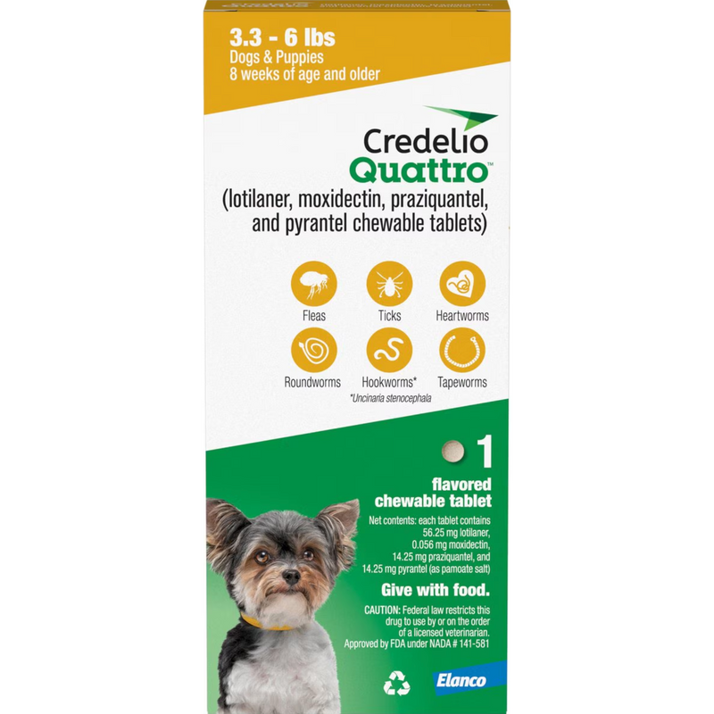 Credelio Quattro Chews Yellow, 3.3-6 lb, 56.25 mg, 1 Dose x 16/Pkg