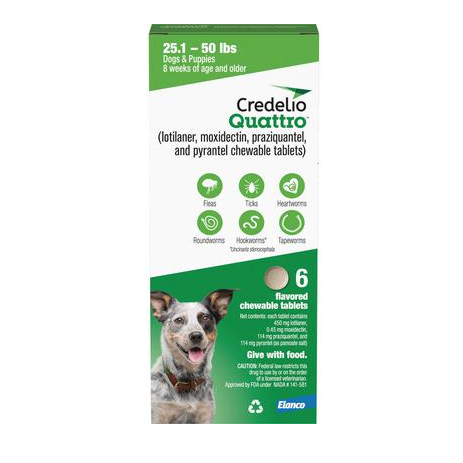 Credelio Quattro Chews Green, 25.1-50 lb, 450 mg, 6 Doses x 10/Pkg