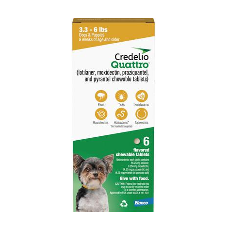 Credelio Quattro Chews Gold, 3.3-6 lb, 56.25 mg, 6 Dose x 10/Pkg
