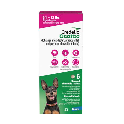 Credelio Quattro Chews Pink, 6.1-12 lb, 112.5 mg, 6 Dose x 10/Pkg