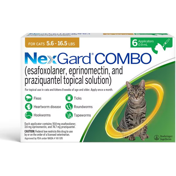 NexGard Combo for Cats Topical 5.6 to 16.5 Lbs, Yellow, 6 Dose (Carton of 10)