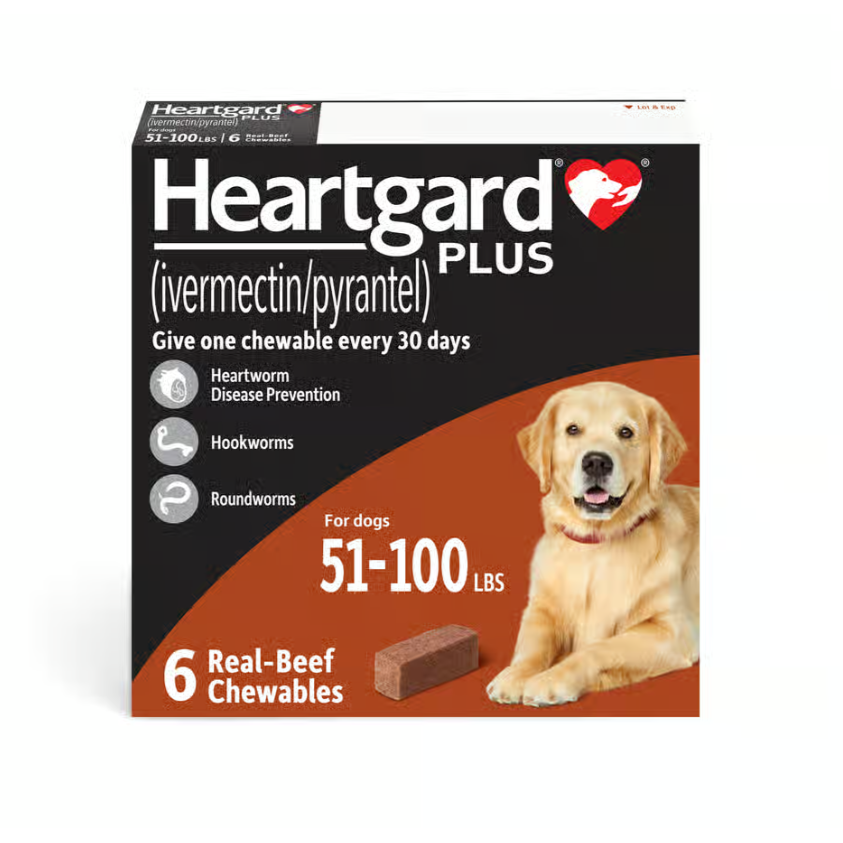 Heartgard Plus Chew Tabs for Dogs, 51-100 lbs, Brown, 6 Dose (Carton of 10)